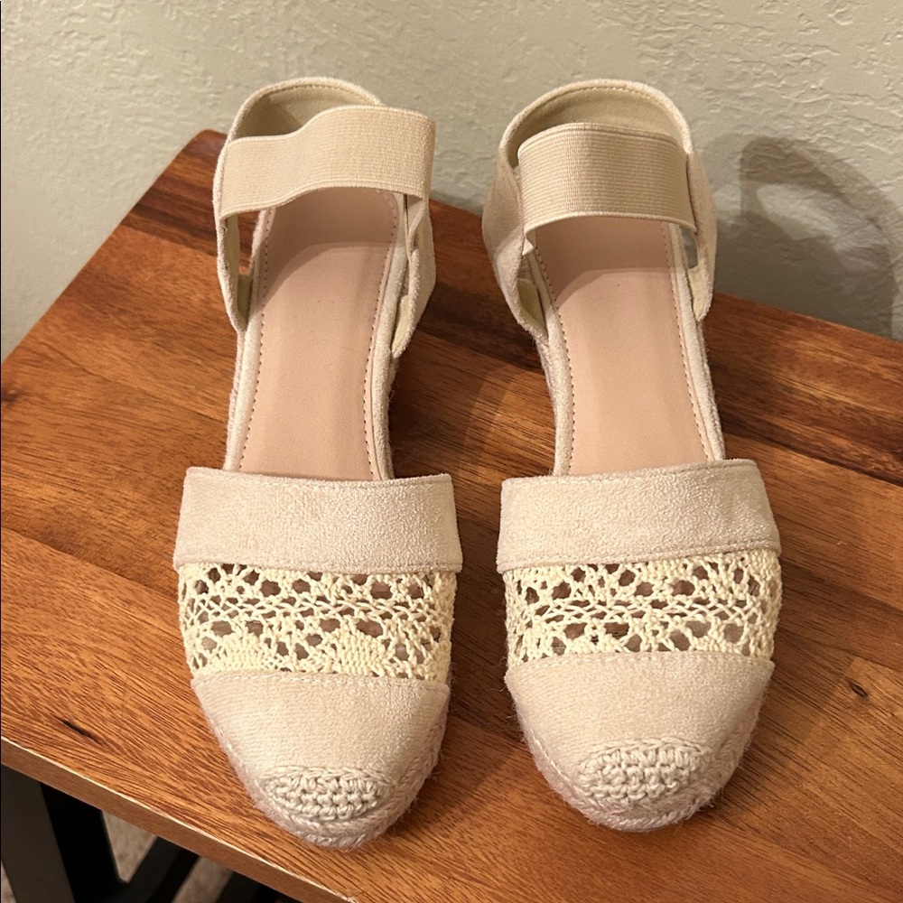 Women's Cream Crochet Espadrille Flats with Ankle Strap